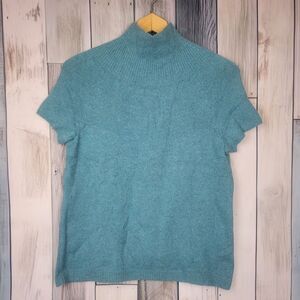 Elie Tahari Blue Knit Short Sleeve Top Mock Neck Cashmere size Large